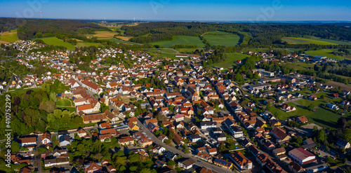 Aerial view of the city Pöttmes in Germany on an early morning in spring. 