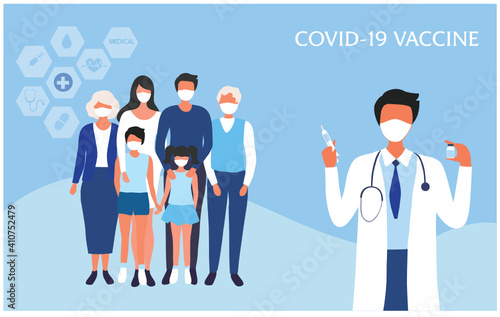 Covid-19 coronavirus vaccination concept. Doctor injecting covid-19 vaccine to family vector illustration.