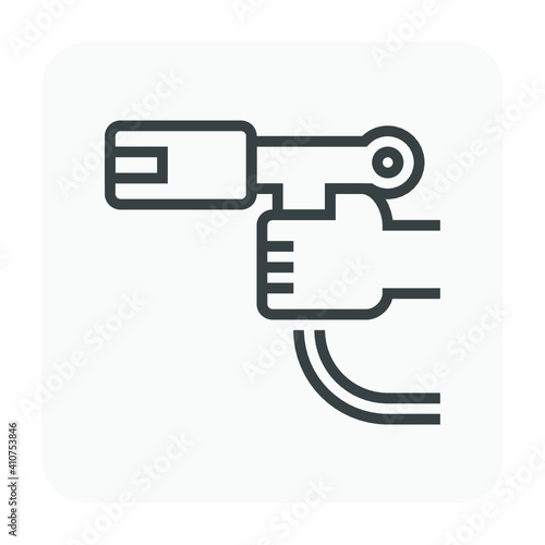 Automatic refuelling nozzle for natural gas vector icon. Include hand, hose pipe or tube. Tool or equipment for service in filling station. To refill energy product i.e. NGV, CNG to vehicle tank.