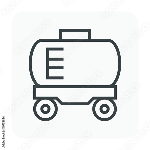Tank car or railroad car icon. Also called tank wagon or tanker wagon. For transport liquid and gaseous commodities i.e. oil, gas, gasoline, diesel, milk, wine, juice, water and industrial chemical.