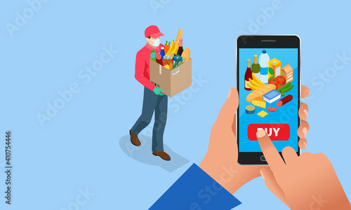 Isometric grocery store, online market, home delivery. grocery shopping online. Buying fresh vegetables, fruits, milk, bread, sausage through the smartphone while sitting at home.