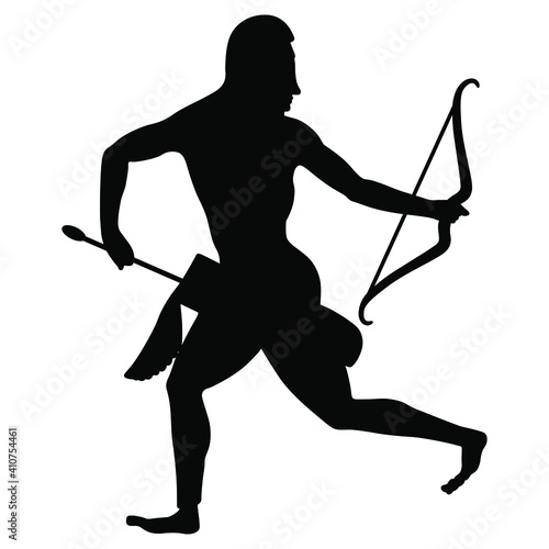 Silhouette of running ancient Greek or Scythian archer warrior with a bow and arrow. Ethnic style. 