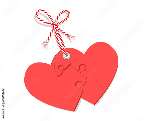 Zwei rote als Puzzle verbundene Herzen gebunden mit rot-weiße Kordel Schleife,
Karte für Muttertag, Valentinstag, Hochzeit uvm
Vektor Illustration isoliert auf weißem Hintergrund
