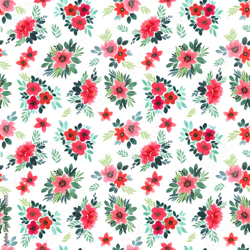 Seamless watercolor pattern for the design of packaging, postcards, banners, invitations. Abstract painted red flowers with green leaves