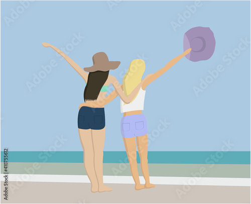 two girls friends on the beach vector illustration