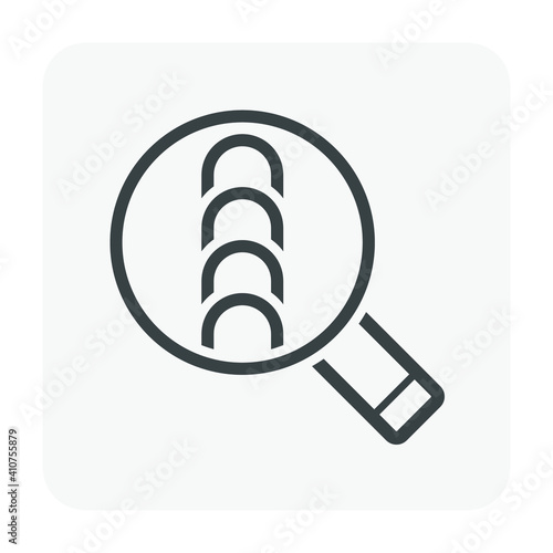 Weld inspection or check icon. Consist of workpiece, welding fillet and magnifying glass tool. That is method to visual check or assure quality of weld and confirm the presence, location and coverage.