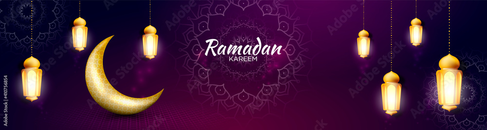 Elegant ramadan kareem banner design with golden moon and lantern Elegant ramadan kareem banner design with golden moon and lantern