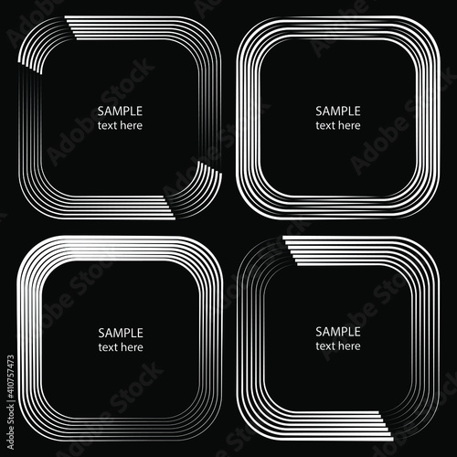 Set of white rounded frames. Vector illustration. Design element for logo, sign, symbol, blackout tattoo, web pages, prints, posters, monochrome pattern and abstract background