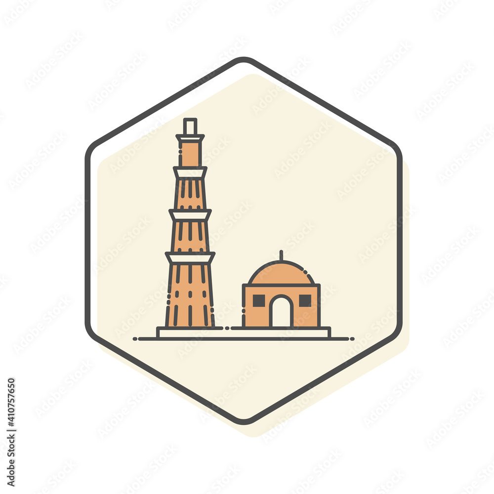 Qutb Minar - New Delhi, India Lineal Icon - Landmark Buildings Icon Vector Illustration Concept.
