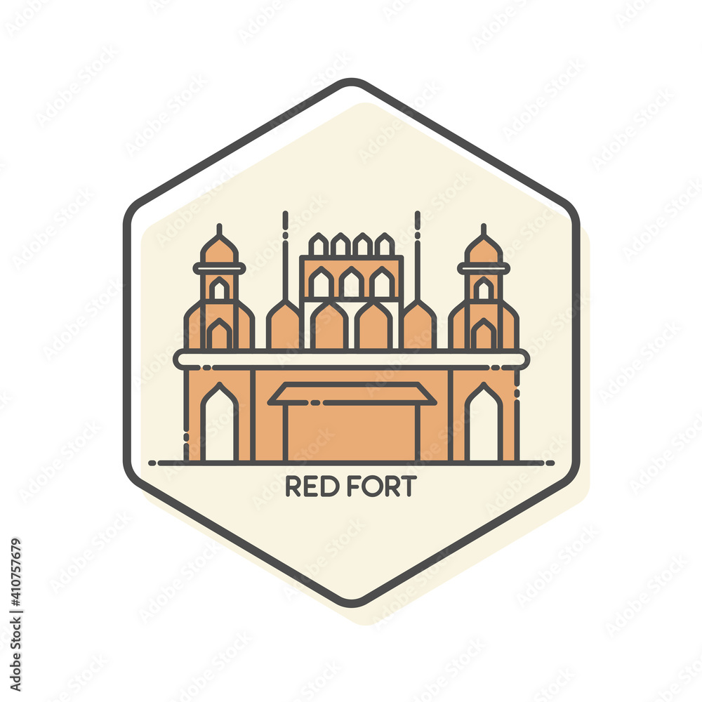 Red Fort - New Delhi, India Lineal Icon - Landmarks Building Icon Vector Illustration