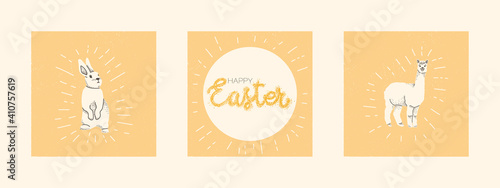 Easter banner. Happy Easter lettering. Vector hand drawing illustration for design, postcard, stickers.