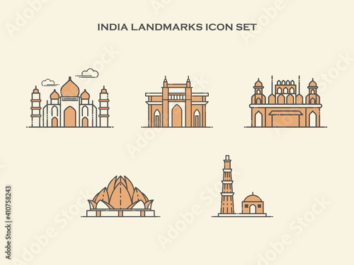 India Landmarks Building Lineal Icon Pack - Landmark Buildings Icon Vector Illustration Concept.