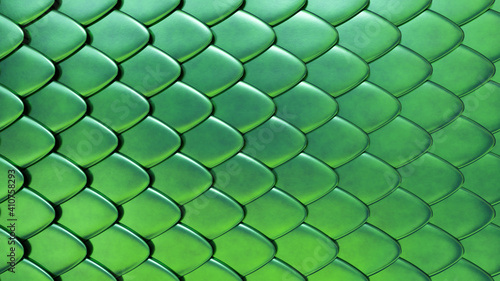 Snake or dragon green skin with scales. Fantasy texture. 3D rendered background.