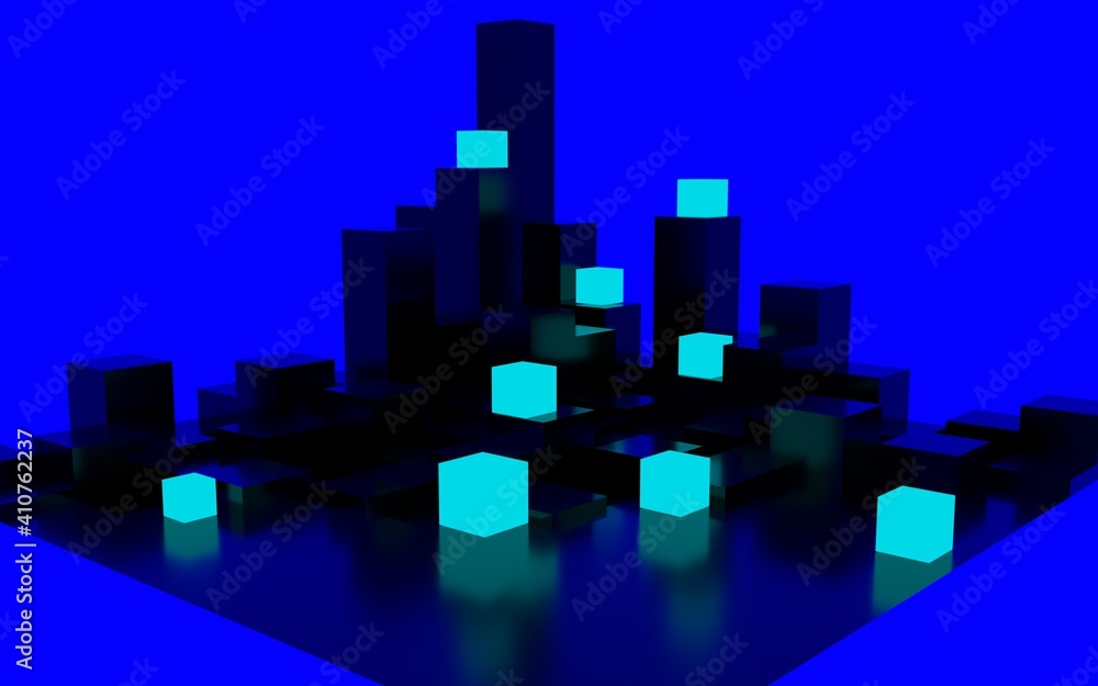 3d illustration of a square floor with triangle extrusions on the surface, and blue glowing squares.