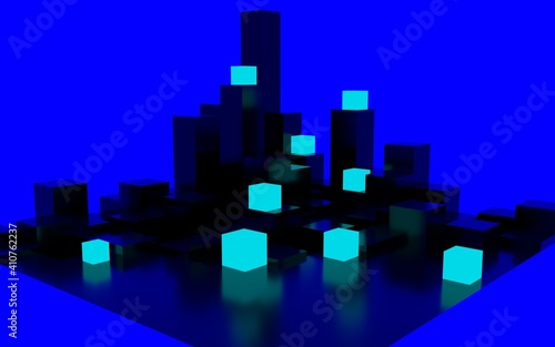 3d illustration of a square floor with triangle extrusions on the surface  and blue glowing squares.