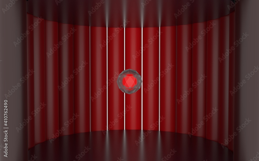 3d illustration of a glass cristal with a glowing object inside, surrounded by red pedestals. 3d illustration of a glass cristal with a glowing object inside, surrounded by red pedestals.