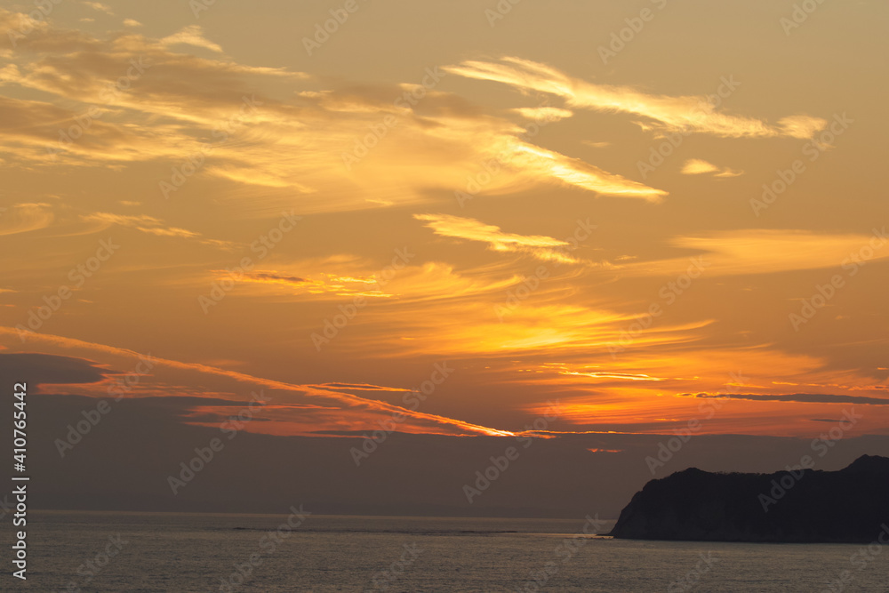 Japan Sunset along the Pacific Coast near Tokyo. The sky is stunning with many colors. Amazing.
