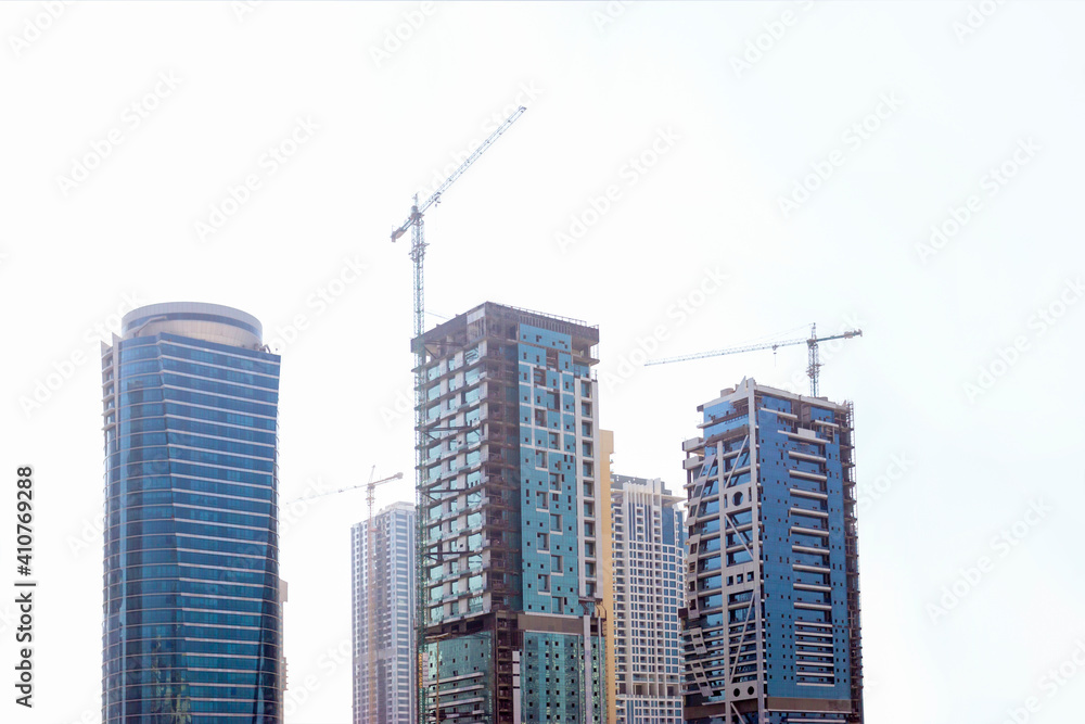 Skyscrapers construction site for modern buildings in city.