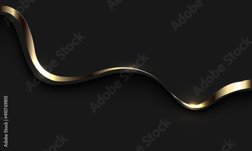 Abstract gold ribbon wave curve shadow on black with blank space design modern luxury background vector illustration.