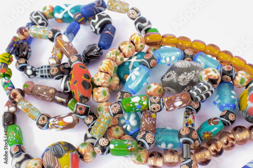 Bracelets and necklaces made of colorful beads photo