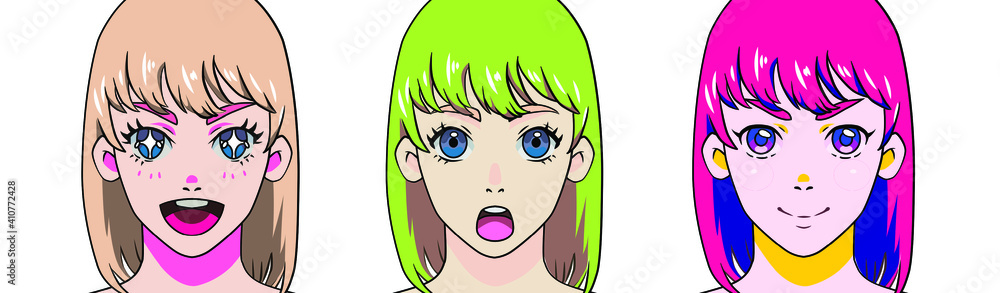 Set of anime female personages with different emotions. Cartoon cute big-eyed characters.
