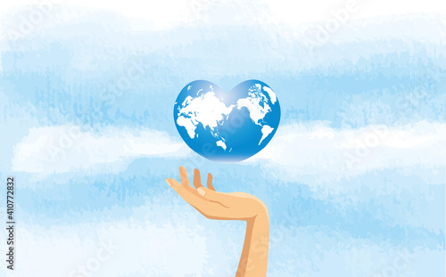 ハート型の地球を持つ手と空のイメージイラスト