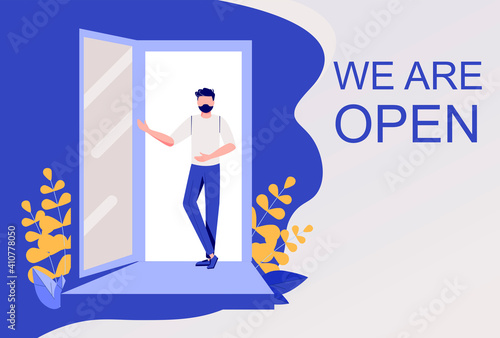 We are working again after coronavirus.Small business.The end of quarantine.Welcome back after pandemic.Man opens a door in cafe, shop,store,bakery.Reopening.Cute Flat Vector Illustration.