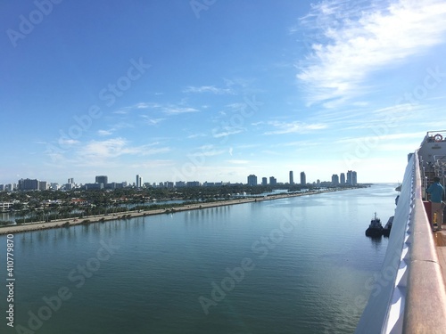 View of Port and down town Miami from Cruise Ship, Florida, USA