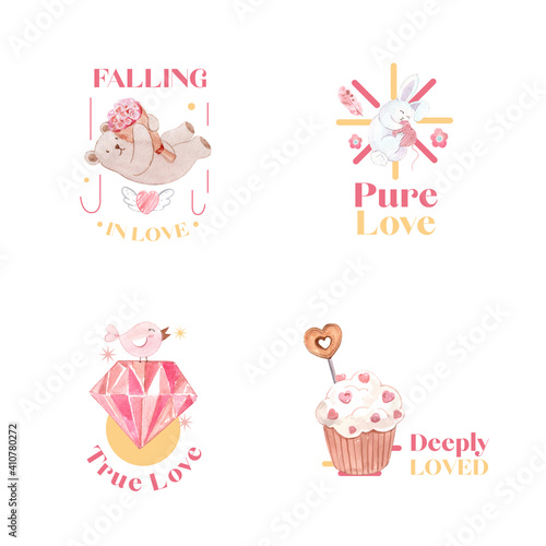 Logo design with loving you concept for branding and business watercolor vector illustration