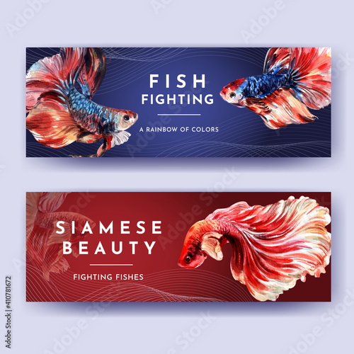Banner template with Siames fighting fish concept design for advertise and marketing watercolor vector illustration