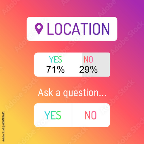 Location icon, sign, sticker template. Web buttons YES or NO. Statistic. Blogging. Social media concept.