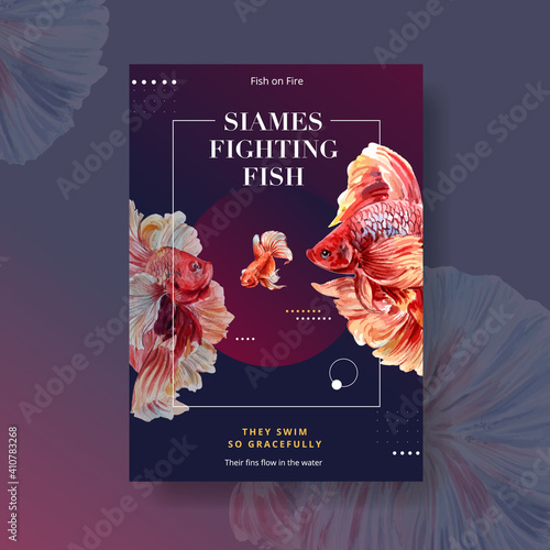 Poster template with Siames fighting fish concept design for advertise and marketing watercolor vector illustration