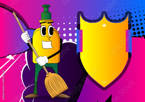 Cartoon bottle of hand sanitizer gel for hygiene with face holding a broom.