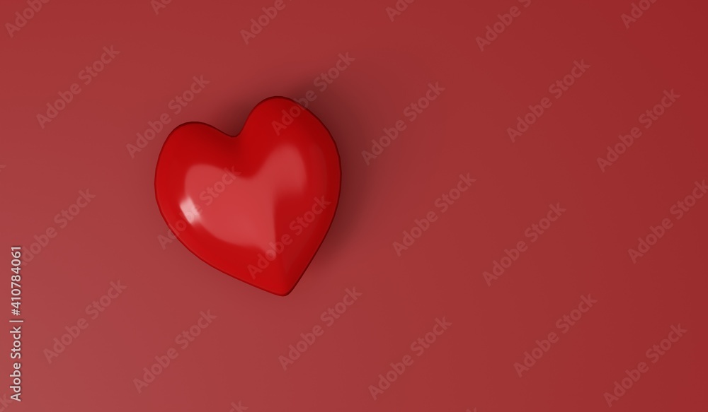 Valentine's day concept. Red heart on red background with copy space. 3d render
