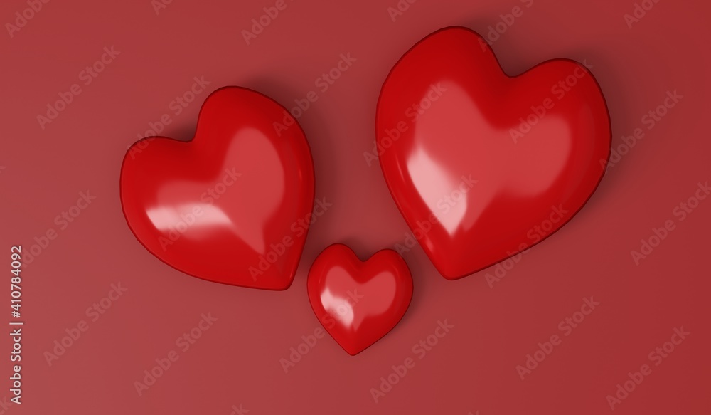 Valentine's day concept. Three Red hearts on red background.