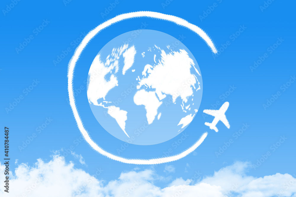Naklejka premium airplane cloud shape around world