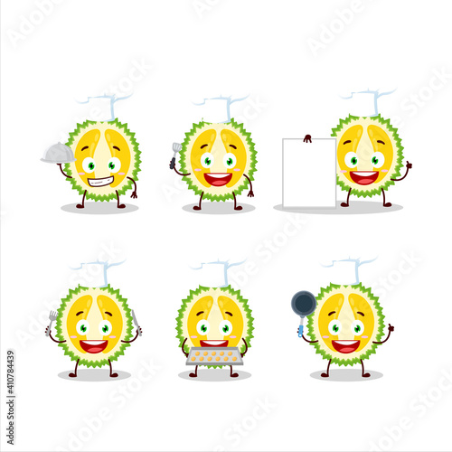 Cartoon character of slice of durian with various chef emoticons