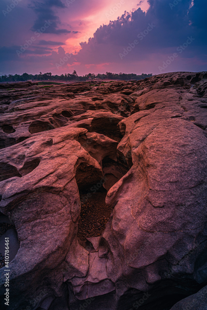 Landscape of sunset at Sam Phan Bok in Ubonratchathani unseen in Thailand. The Grand Canyon of Thailand.