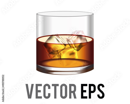 Vector short flat tumbler glass of brown liquor Scotch whisky icon with ice cube