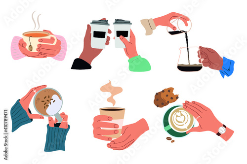 Collection of hands hold hot drinks and beverage.Mugs with tea and espresso, chocolate and cappuccino