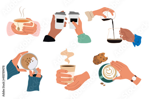 Collection of hands hold hot drinks and beverage.Mugs with tea and espresso, chocolate and cappuccino
