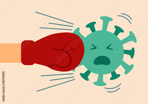 Human hand in boxing gloves punching coronavirus cell in flat design. Fight covid19 pandemic disease.