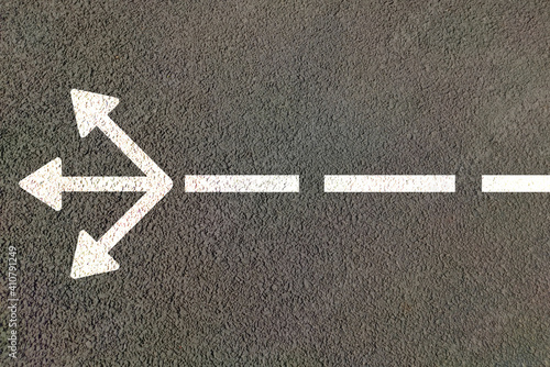 Three way road arrow for choosing direction of path , diffrent options and confusion in choise of best way concept.