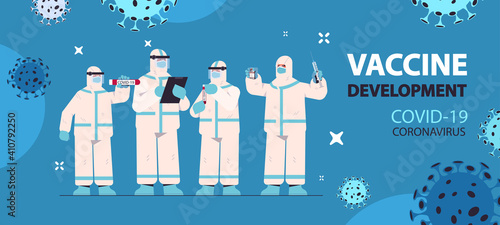 scientists developing vaccine to fight against coronavirus researchers team in protective suits working in medical lab vaccine development concept full length horizontal vector illustration