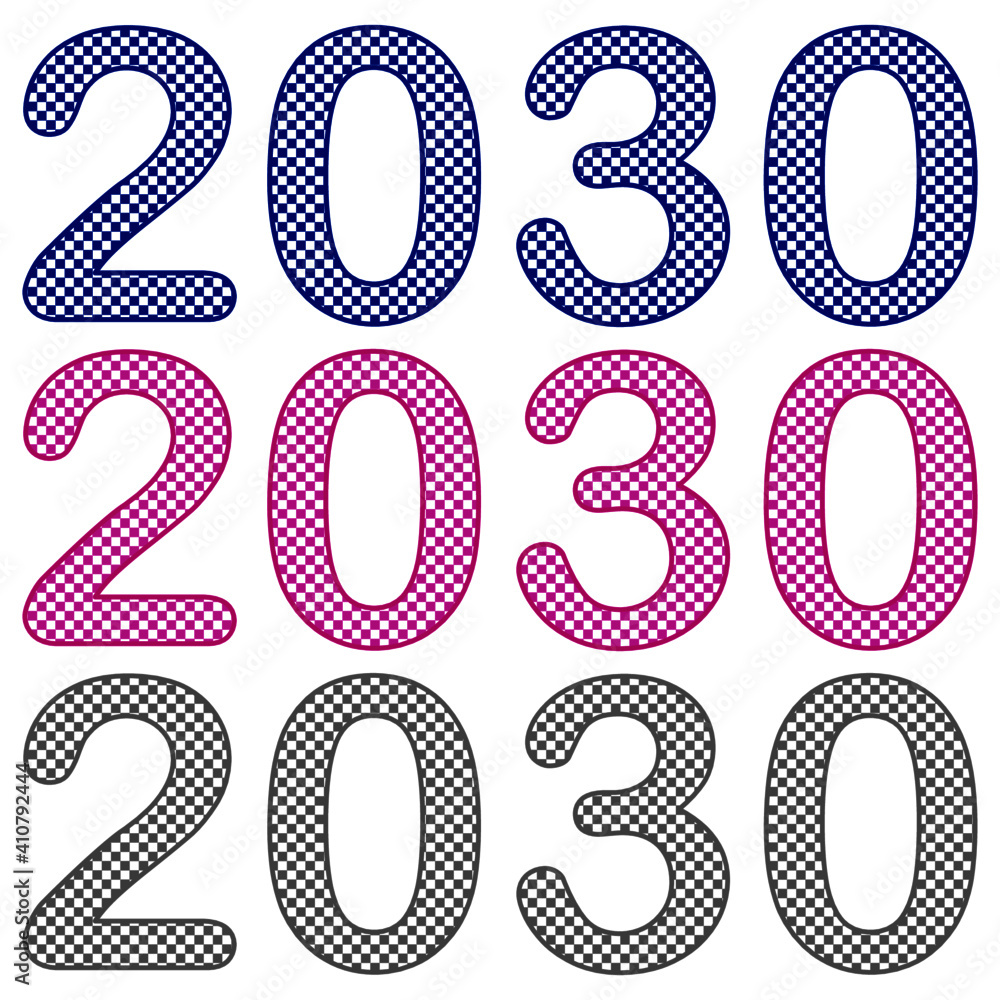 A set of number 2030, the year of the lord’s with checkers pattern inside the number. Concept about anniversaries, yearly, celebrating and etc. A set of number 2030, the year of the lord’s with checkers pattern inside the number. Concept about anniversaries, yearly, celebrating and etc.