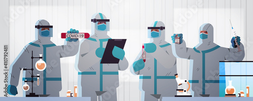 scientists group developing vaccine to fight against coronavirus researchers team in protective suits working in medical lab vaccine development concept portrait horizontal vector illustration