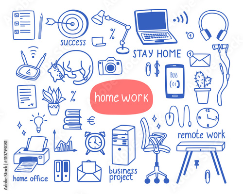 A cute set of items on the theme of work from home, home office. Vector illustration in doodle style for banners and websites.