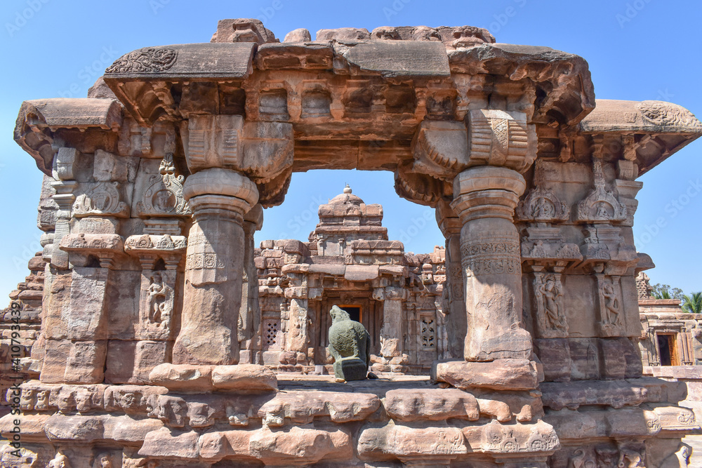 Pattadakal temple .South Indian temples with Indian rock cut architecture in karnataka near Badami city .