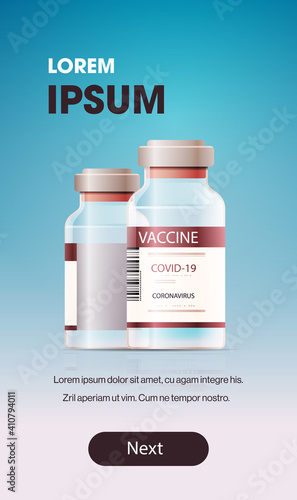 bottles vials of covid-19 vaccine injection vaccination immunization anti coronavirus disease healthcare medical concept vertical copy space vector illustration