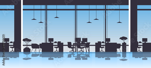 empty workplace office desks with desktop computers no people open space interior horizontal vector illustration